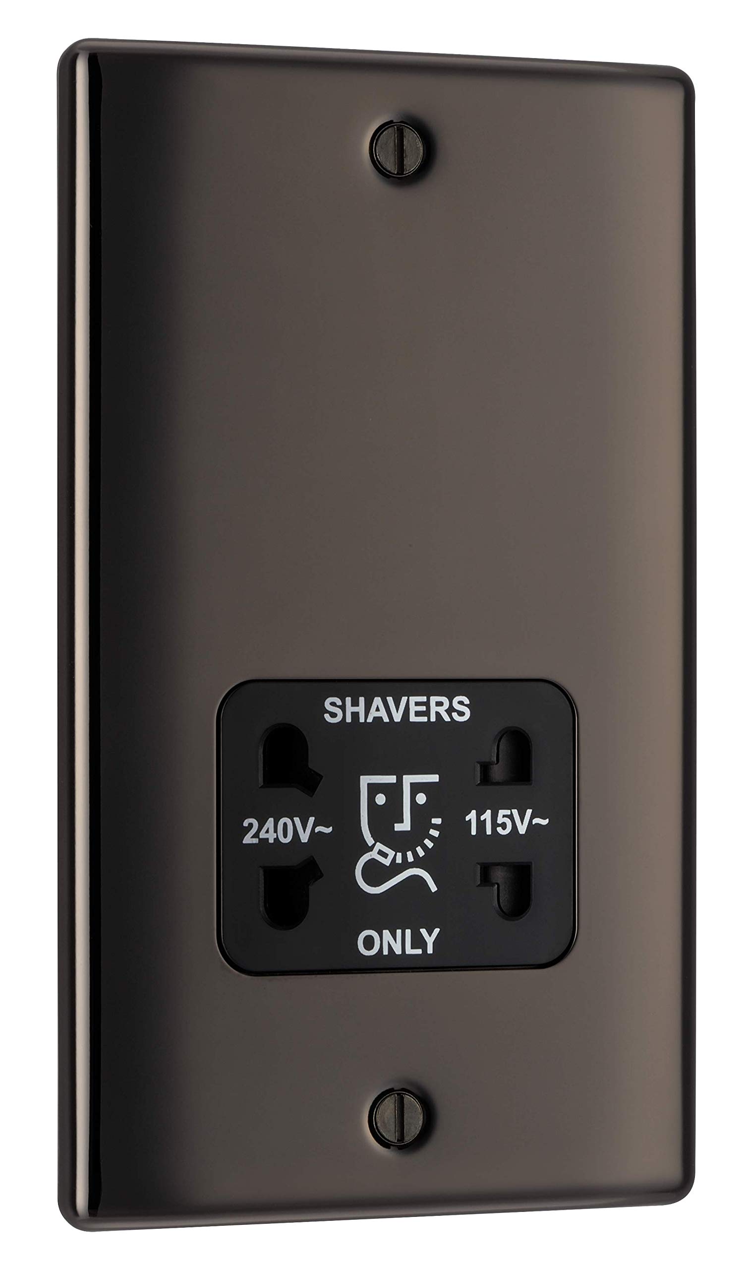 BG Electrical Dual Voltage Shaver Plug Socket, Electric Toothbrush Charger Socket for Bathrooms, Raised and Slim Profile, Round Edges, Nexus Metal, 2-Pin, Black Nickel, 115V / 240V, NBN20B