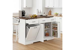 Kikihouse 55" Drop Leaf Kitchen Island Table with Power Outlet, Large Stationary Breakfast Bar with Storage Drawers, Trash Cabinet, Adjustable Shelves, Towel Rod & Spice Rack (White & Walnut)