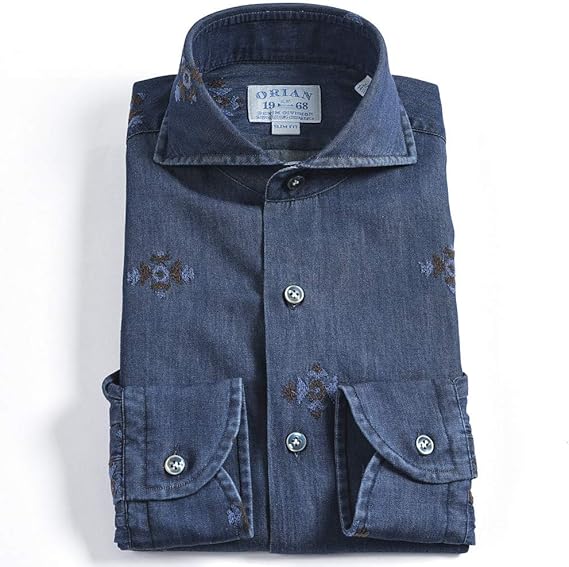 Amazon オリアン Denim Division デニム シャツ ホリゾンタルカラー スリム Slim Fit 長袖 メンズ コットン 綿100 刺繍 インディゴ 44 並行輸入品 シャツ 通販