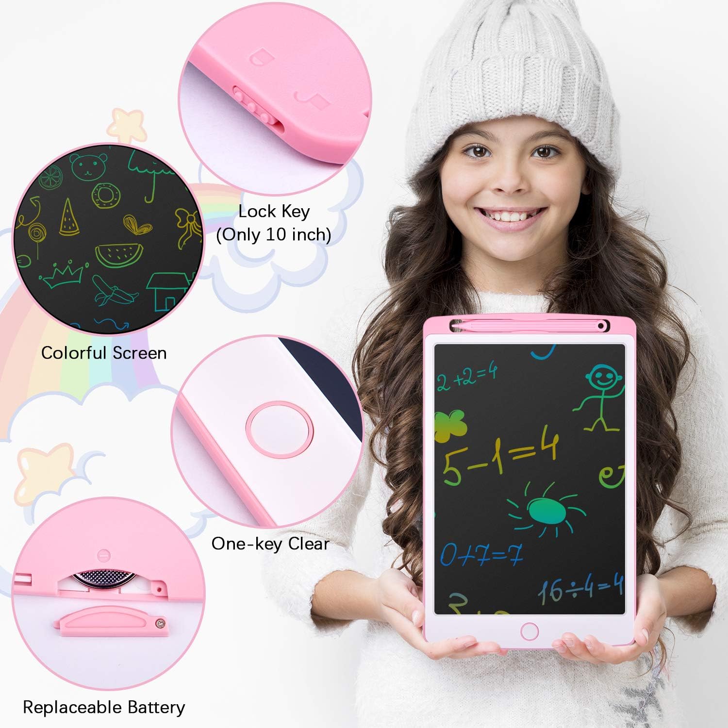 Tecboss LCD Writing Tablet Toys for Girls Boys, Colorful Screen Erasable Electronic Digital Drawing Pad Doodle Board (10in, Pink): Electronics