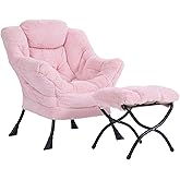 Givjoy Lazy Chair and Ottoman, Large Contemporary Plush Pink Accent Chair with Side Pocket, Modern Leisure Upholstered Reading Armchair with Footrest for Office, Bedroom, Living Room, Dorm, Balcony