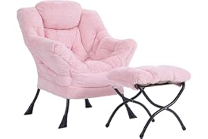 Givjoy Plush Lazy Chair and Ottoman, Large Contemporary Accent Lounge Chair with Armrests and a Side Pocket, Modern Leisure Upholstered Sofa Reading Armchair with Footrest for Bedroom, Living Room