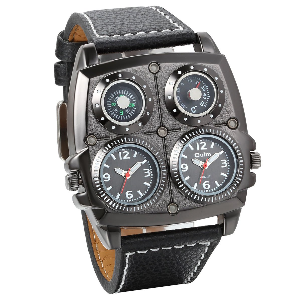 JewelryWe Mens Dual Time Zone Army Military Large Sport Quartz Watch Black with Decorative Compass Thermometer
