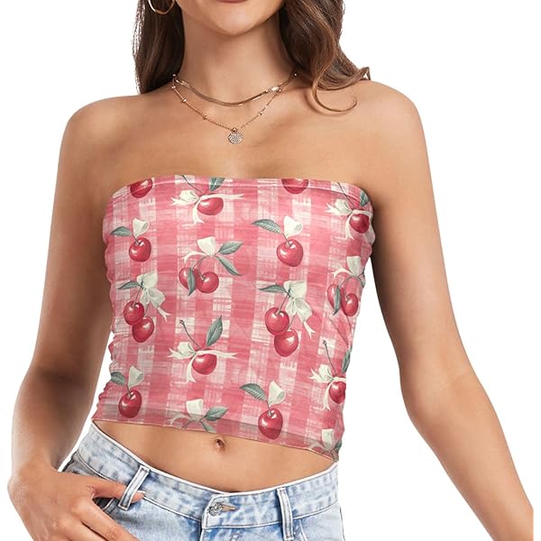 Womens Tube Tops Pink Flower Floral Mesh Crop Top Strapless