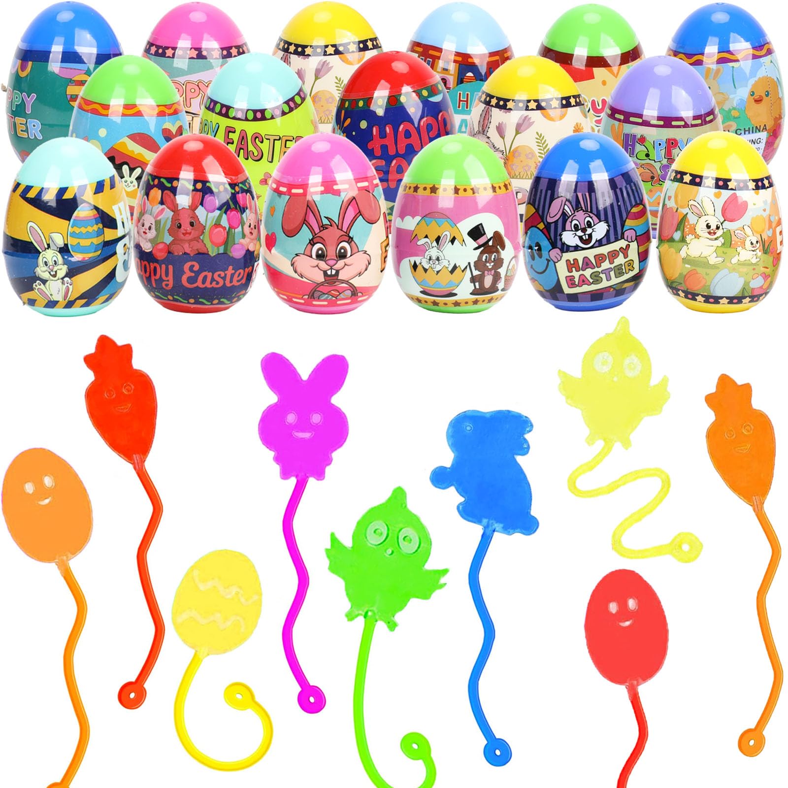 BEIGUO Easter Eggs with Sticky Stretchy Toys Inside – 24 Pack Filled Easter Eggs, Assorted Easter Elements, Surprise Party Favors for Kids, Egg Hunt, Easter Basket Stuffers