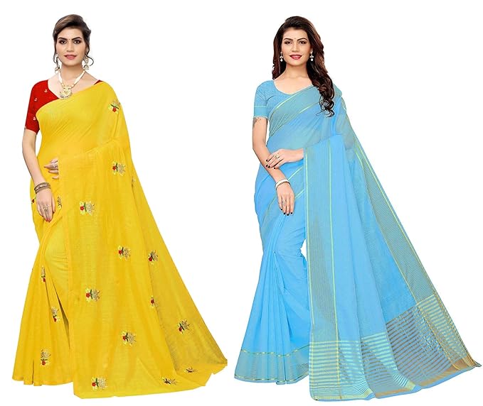 Cotton with Blouse Piece Saree (IBCOMBO-135-FLEX_Multicolor_Free Size)