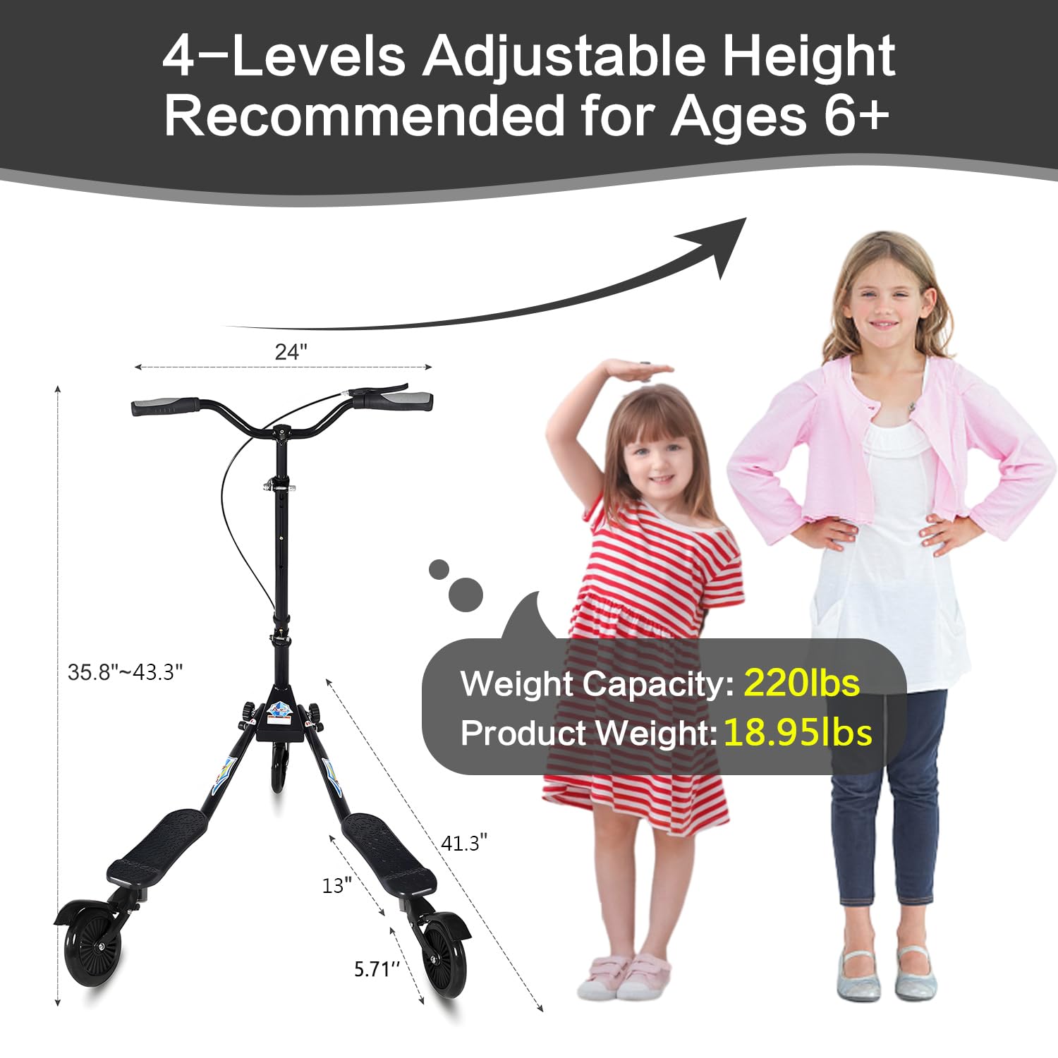 Swing Wiggle Scooter, 3 Wheels Drifting Folding Kick Scooter with 4-Level Adjustable Height/Foldable for Kids/Woman/Men Age 6+ Years Old