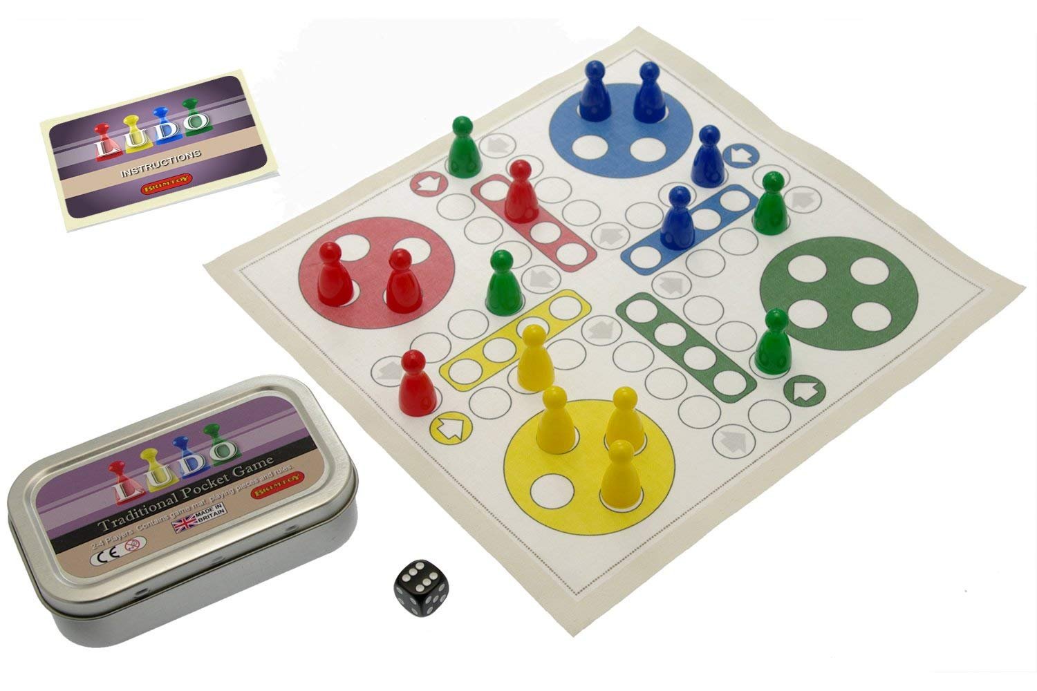 Brimtoy pocket version of traditional ludo - supplied with reusable mat, counters and dice contained in a handy size tin for easy storage and travel