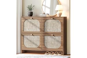 NICETREE Shoe Storage Cabinet for Entryway, Freestanding Arched Rattan Accent Ultra Slim Shoe Cabinet with 2 Flip Drawers, Farmhouse Shoe Rack with 3-Tier Adjustable Shelves for Hallway Foyer Modern Rustic
