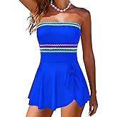 popvil Strapless One Piece Swimsuits for Women 2026 Tummy Control Swim Dress Bandeau Bathing Suit with Colorful Trim Cute Bow