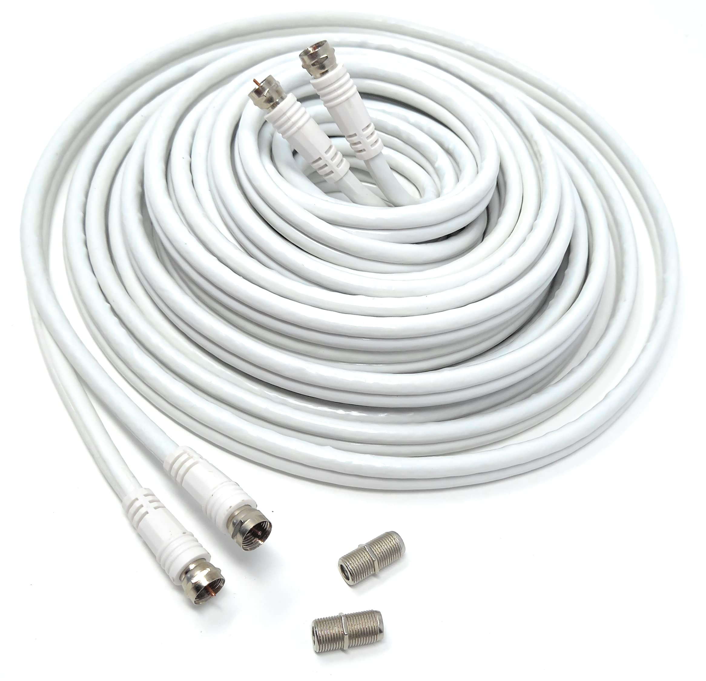 DRUT 10m Twin Shotgun Satellite Moulded F-Type Plug to Socket RG6 Coaxial Extension Antenna Cable Lead With F-Type Couplers 33ft White