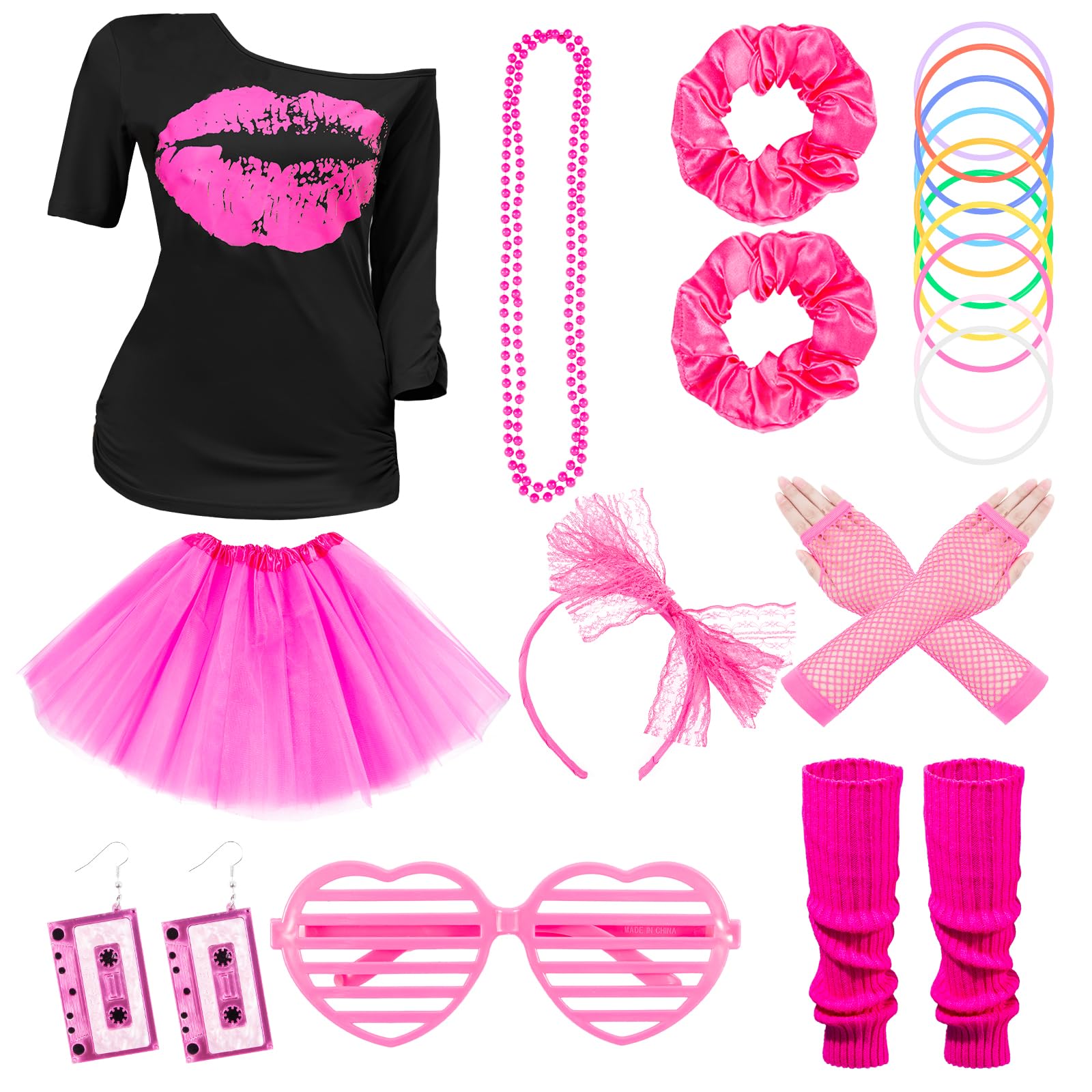 XXXL 80s Fancy Dress for Women, 10 PCS 80s costume, 80s Accessories for Women, Neon Costume Accessories, Lips Print T-Shirt Skirt with 80s Earrings Necklace for 80s Theme Party