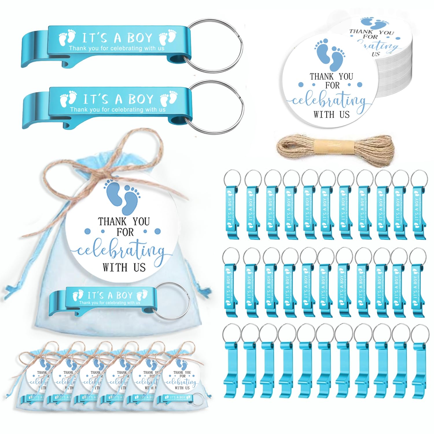 View 1 of Baby Shower Bottle Opener Favors Beer Opener Keychain Thank You Cards Organza Bags and Jute Twine Baby Shower Party Favors for Guest (BOY)
