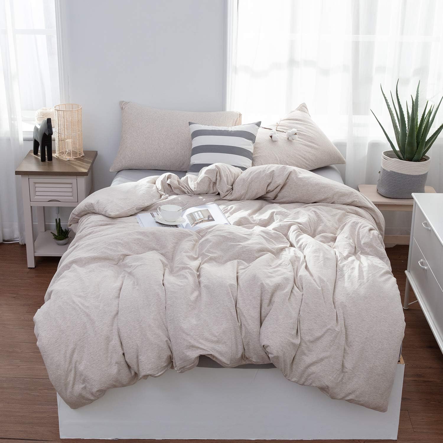LIFETOWN100% Jersey Knit Cotton Duvet Cover Set T-Shirt Feel Bedding Set Ultra Soft Wrinkle-Free (Beige, King)