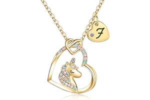 Rucher Unicorn Necklace for Girls Kids with Personalized Initial Heart Pendant, 18K Gold Fashion Jewelry for Girls, Colorful Heart Necklace for Birthday Gifts.
