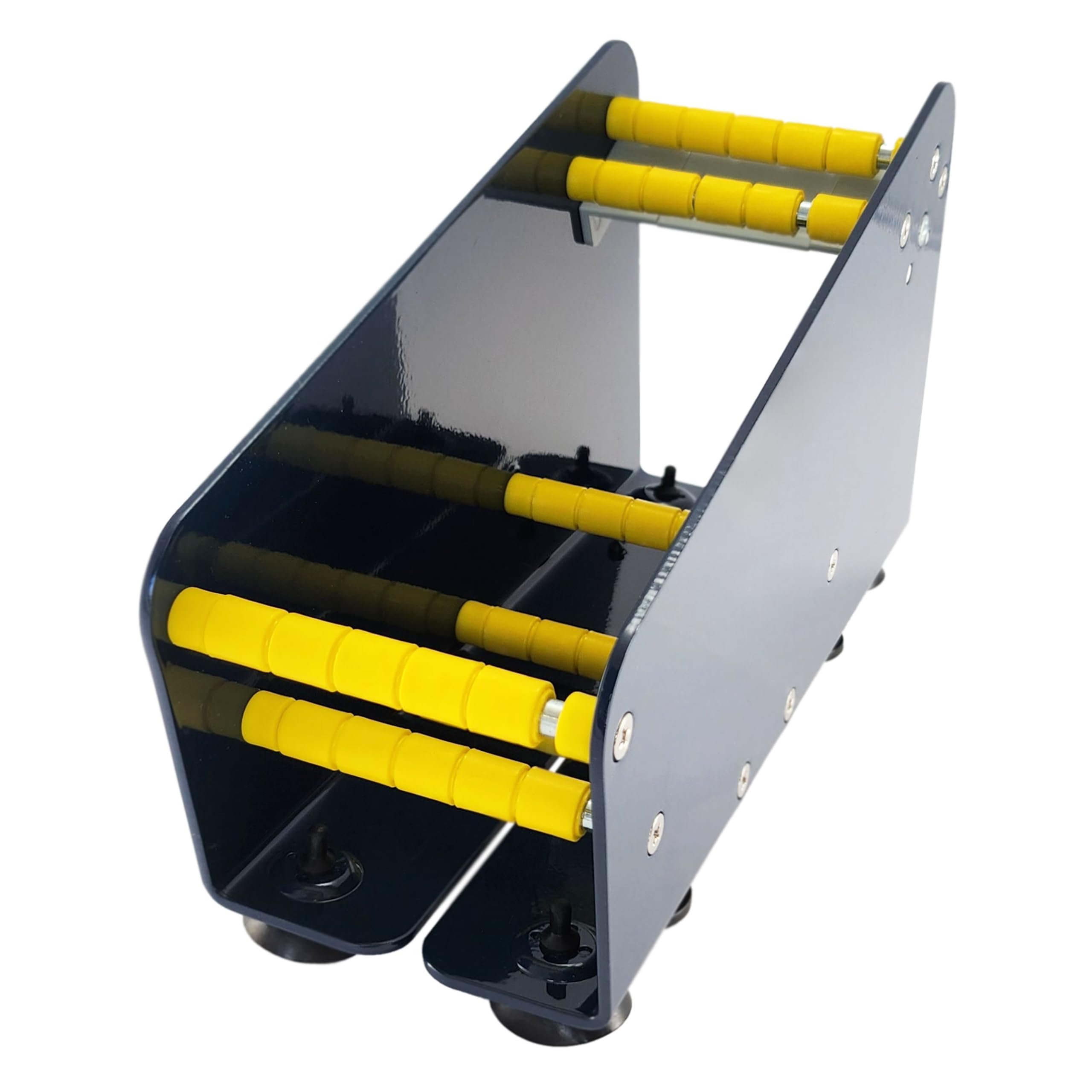 Label, manual dispenser for adhesives and labels; usable width for single and double sided labels and adhesive dots; with suction cups of sturdy metal