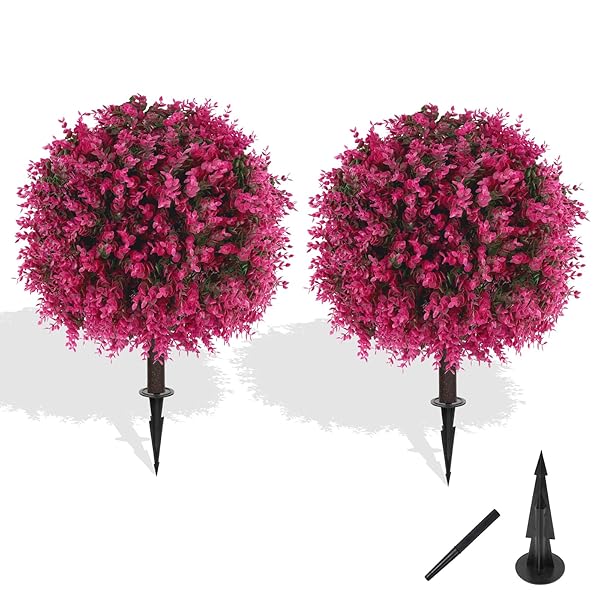 GROOY ARTIFICIAL TOPIARY TREE WITH PINK EUCALYPTUS, SET OF 2 ARTIFICIAL SHRUB BUSHES WITH GROUND SPIKE, FAKE EVERGREEN TREE FOR PORCH, ARTIFICIAL PLANTS FOR OUTDOOR PLANTERS INDOOR UV RESIST
