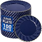 YOUBET 100 Pack Blue Scalloped Plastic Plates - 6.5 Inch Navy Blue Disposable Plates - High End Elegant Vintage Dessert Plate for Party & Weeding & Birthday Hanukkah