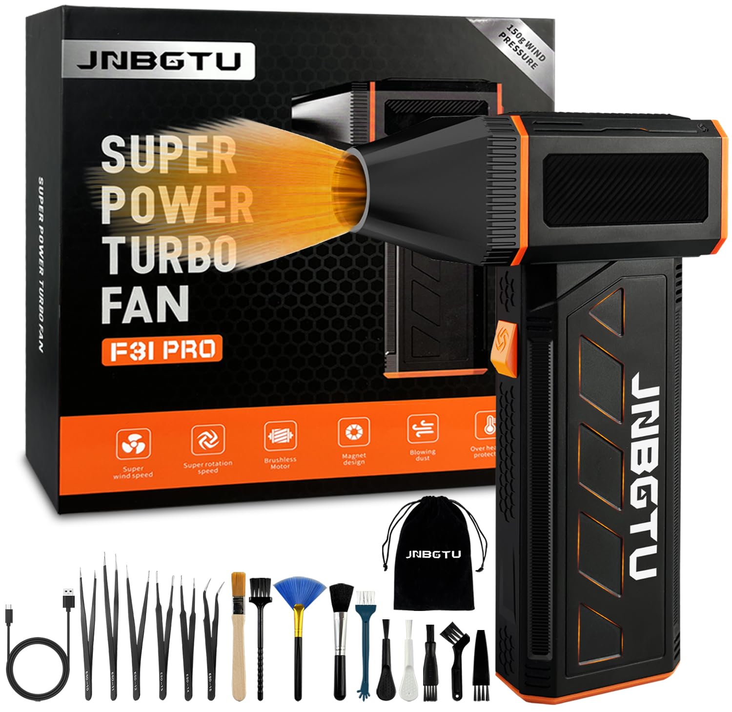 JNBGTU Compressed Air Duster - 130000PRM Jet Fan Blower, 3-Gear Adjustable Mini Cordless Turbo Fan with Fast Charging and Accessories, Air Dust Blower for Computer, Keyboard, House, Outdoor and Car