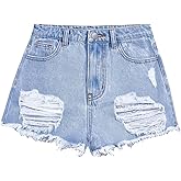 Ohrwurm Girls Ripped Raw Hem Jean Shorts High Waist Straight Leg Y2K Distressed Denim Pants with Pockets