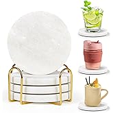 White Marble Coasters Set of 4 with Holder - Natural Marble Stone Drink Coaster with Protective Silicone Feet, 4 inch Diameter, 0.4 inch Thick - Heat-Resistant Coasters for Coffee Table