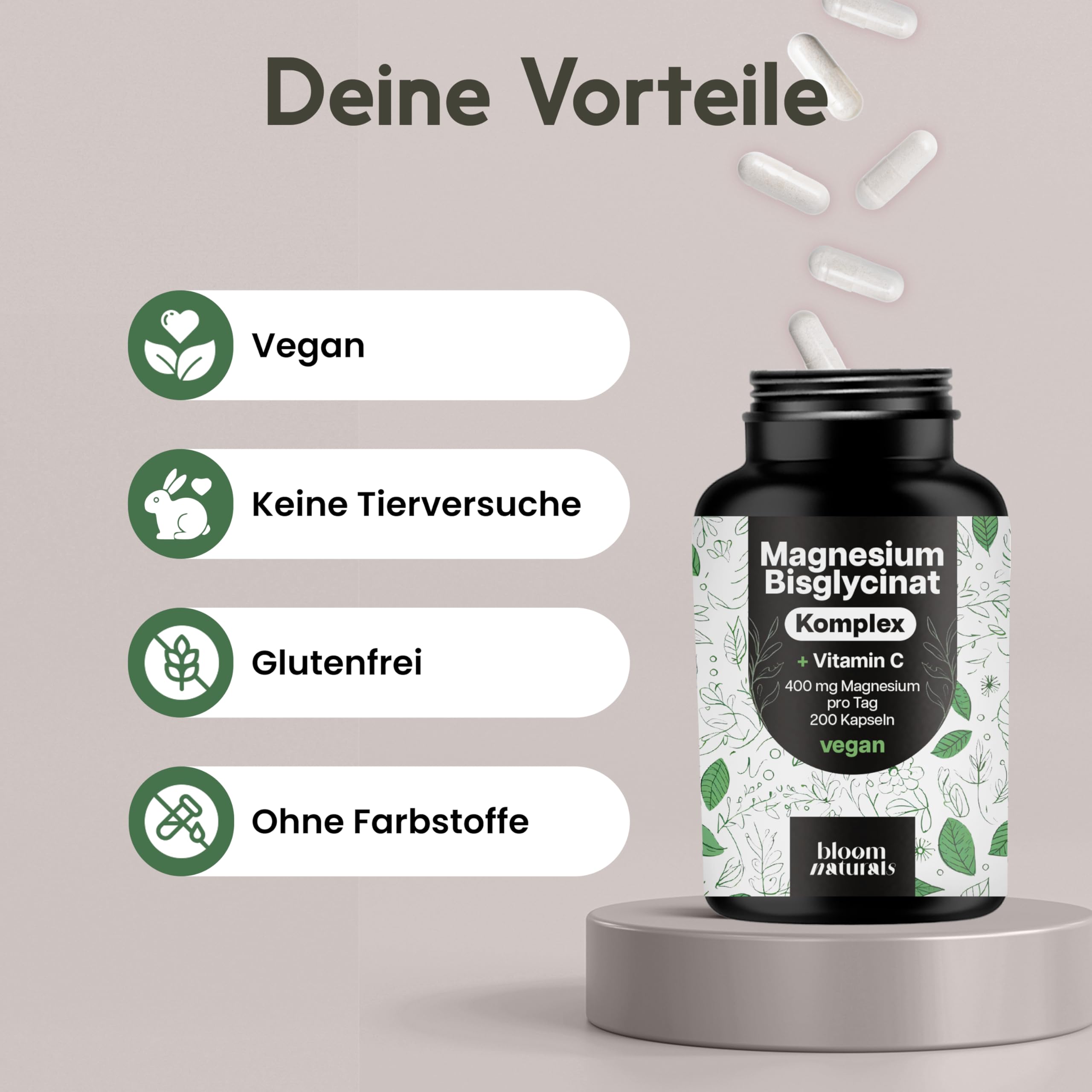 Magnesium Komplex hochdosiert - 200 Kapseln - 400 mg Magnesium pro Tag + Vitamin C, mit Bisglycinat, Citrat, Oxid, L-Ascorbat, Malat, vegan & produziert in Deutschland 4
