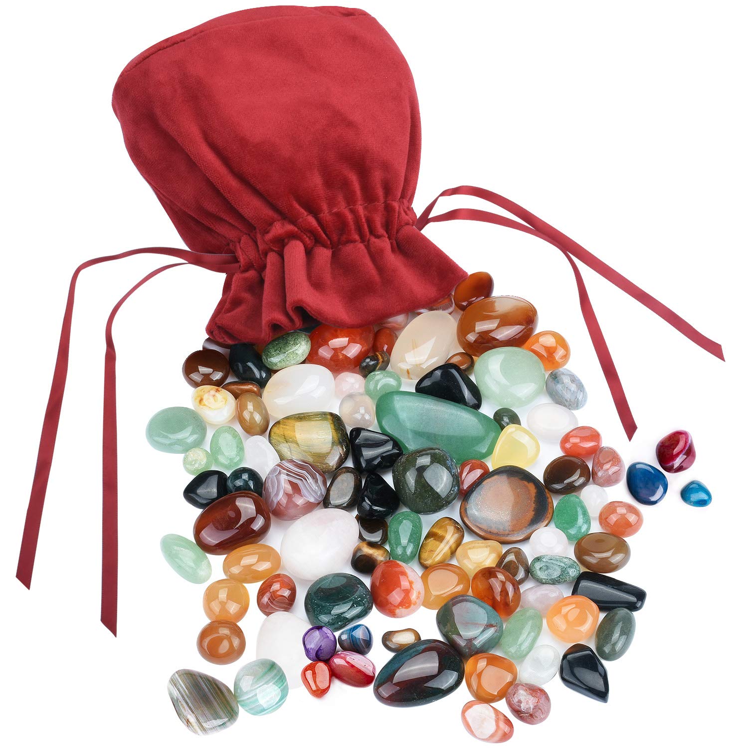 Sukudon Beautiful natural stones in Various Sizes Elegant in Red Fabric Bag Ideal for Children, Treasure Hunting, Healing Stones, Decoration, Gemstone Playing and much more.