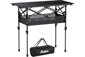 Anbte 3ft Roll Up Camping Table, 2 Adjustable Heights Aluminum Folding Camping Table with Storage Net and Bag, Waterproof, Li