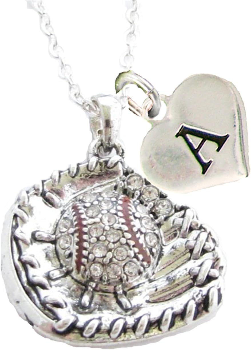 Custom Crystal Baseball Glove Ball Silver Chain Necklace Choose Initial Charm