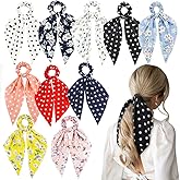 NAIHOD 10Pcs Floral Chiffon Ribbon Polka Dots Scrunchies - Cute Bowknot Ponytail Holders and Elastic Hair Bands for Girls, Women, Teenage