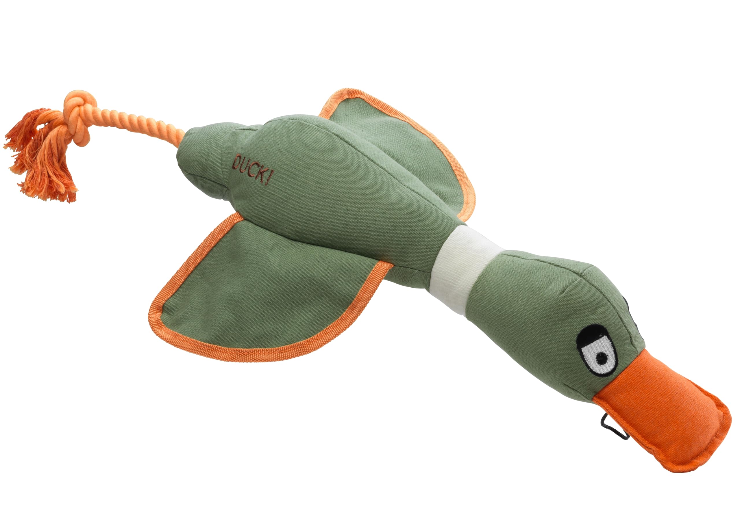 House of Paws Large Kahki Duck, Cotton Canvas Thrower Dog Toy with Rope and Squeaker
