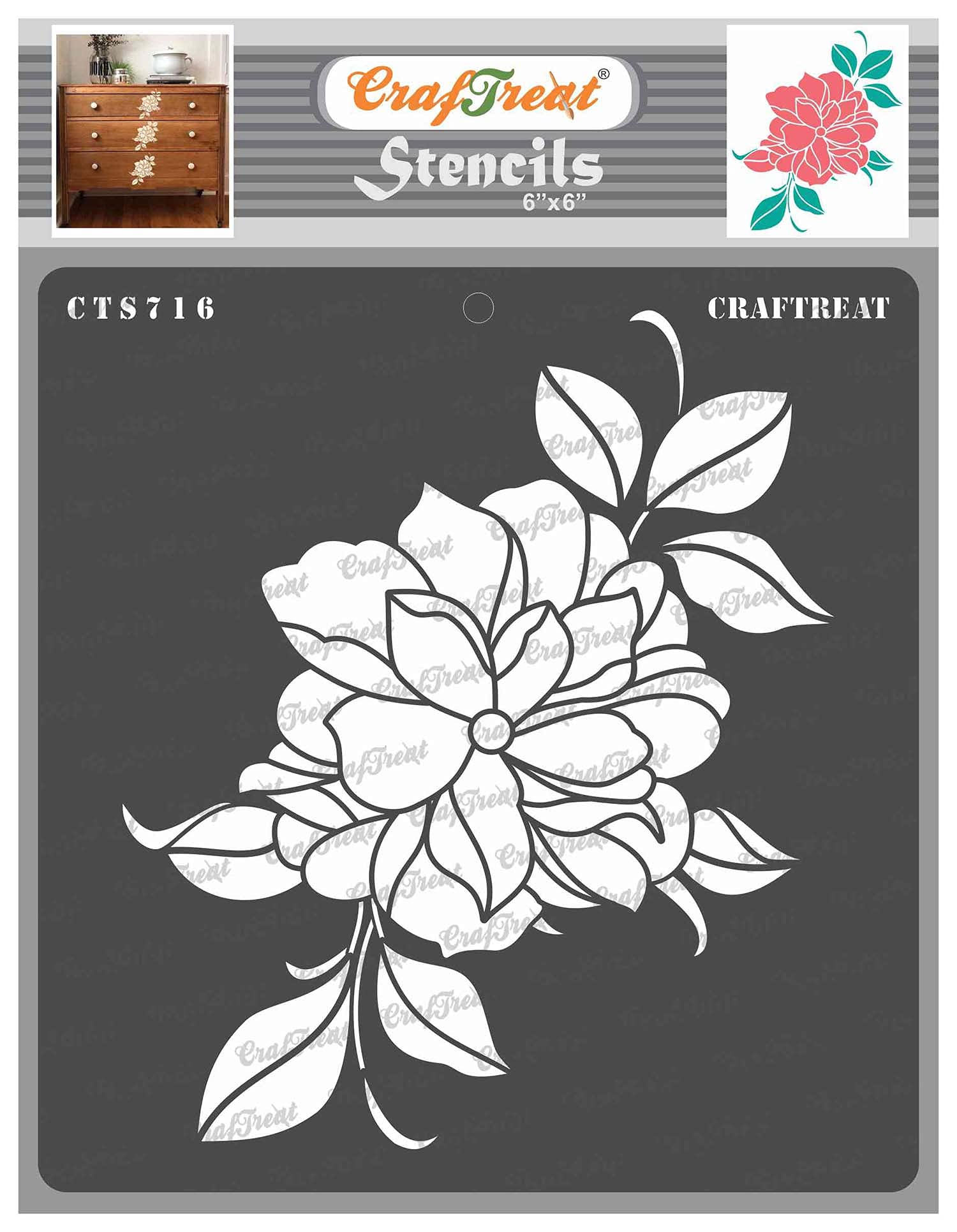 CrafTreat Reusable Peony Stencils for Painting on Wood - Peony Blossom -6X6 Inch - Floral Stencils for Painting on Wood - Flower Stencils for Painting on Canvas - Peony Stencil