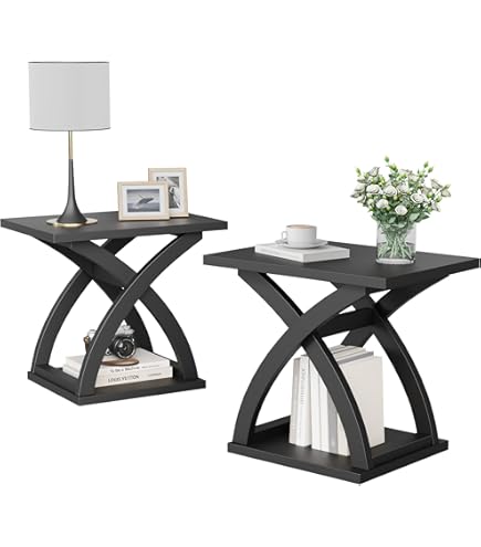 Mesa Auxiliar TUP The Urban Port - Madera De Acacia En Forma De Pirámide, Base De Metal Cruzado Negro, 76.2 Cm De Alto, Estilo Industrial