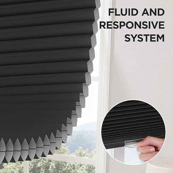 JOYDECO NO TOOLS NO DRILL CORDLESS CELLULAR SHADES, LIGHT FILTERING HONEYCOMB BLINDS FOR INDOOR WINDOWS, THERMAL INSULATING & NOISE REDUCING (BLACK, 26″ W X 64″ H)