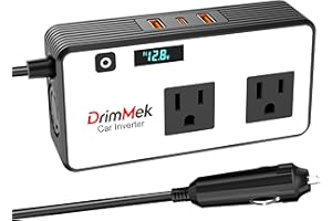 DrimMek 200W Car Power Inverter, Car Plug Adapter Outlet 12V to 110V Converter with 24W USB Fast Charging Port, Dual AC Outlet for Laptop, Vehicles, Camping (LED Display)