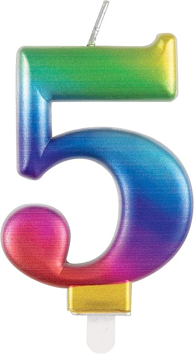 Unique Metallic Rainbow Number 5 Birthday Candle 3D Topper