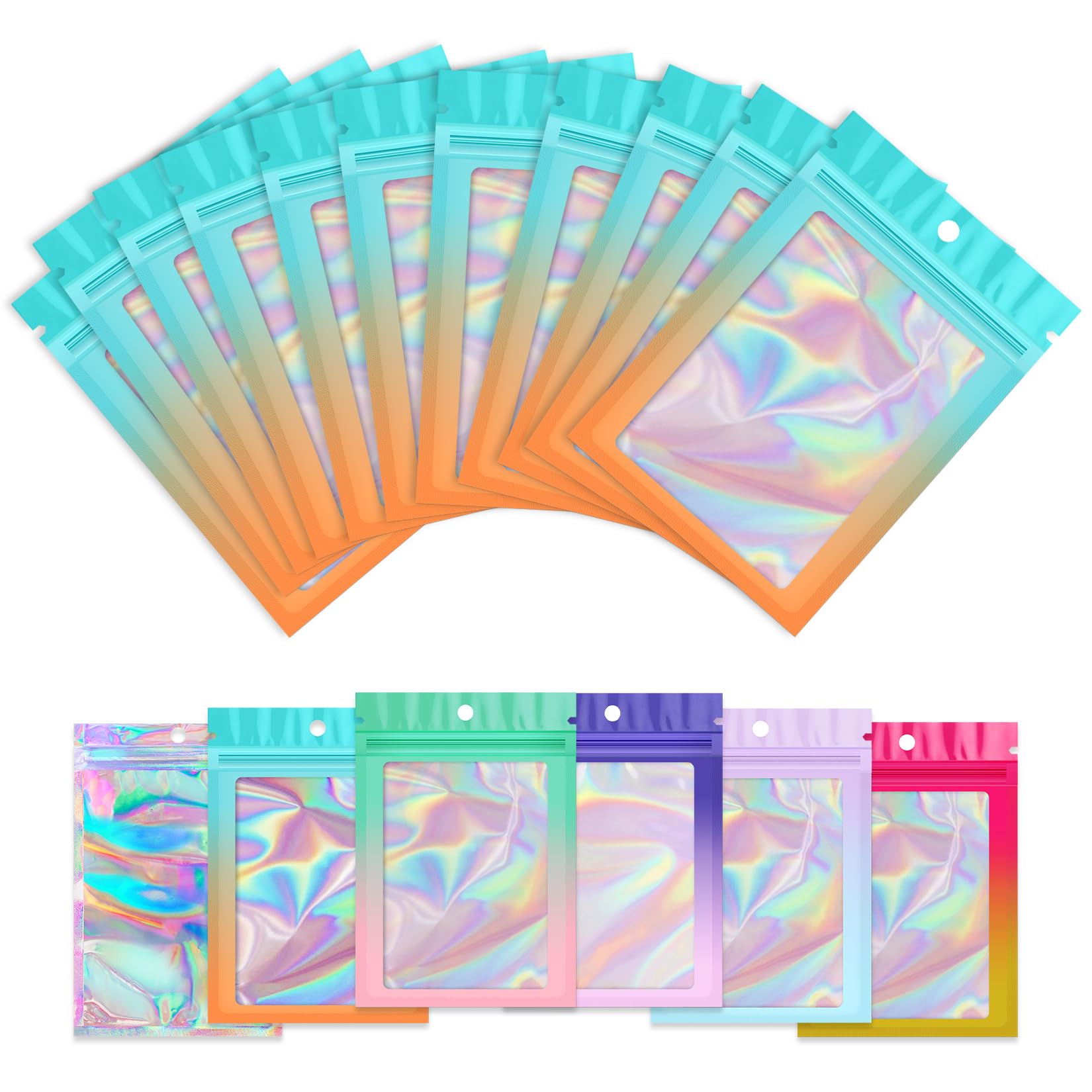 Photo 1 of Funfery 100 Pack Gradient Holographic Bags,Resealable Mylar Bags with Zipper,Clear Window Packaging Pouch,Foil Smell Proof Bags for Food Storage,Sample Jewelry Baggies(3.1×5.1in,Blue Orange)