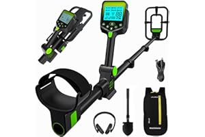 LOLARAN Rechargeable Metal Detector Kit for Adults - Foldable, Waterproof Search Coil, Adjustable Height, Includes Shovel, Backpack, Headphones, Pinpointer, Ideal for Gold & Silver Detection, Green