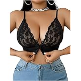 MakeMeChic Women's Plus Size Bras Floral Lace Bralettes Sexy Bra Deep V Neek Front Closure Underwear