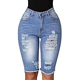 roswear Womens Ripped Stretchy Long Jean Shorts Mid Rise Frayed Cut Off Bermuda Shorts