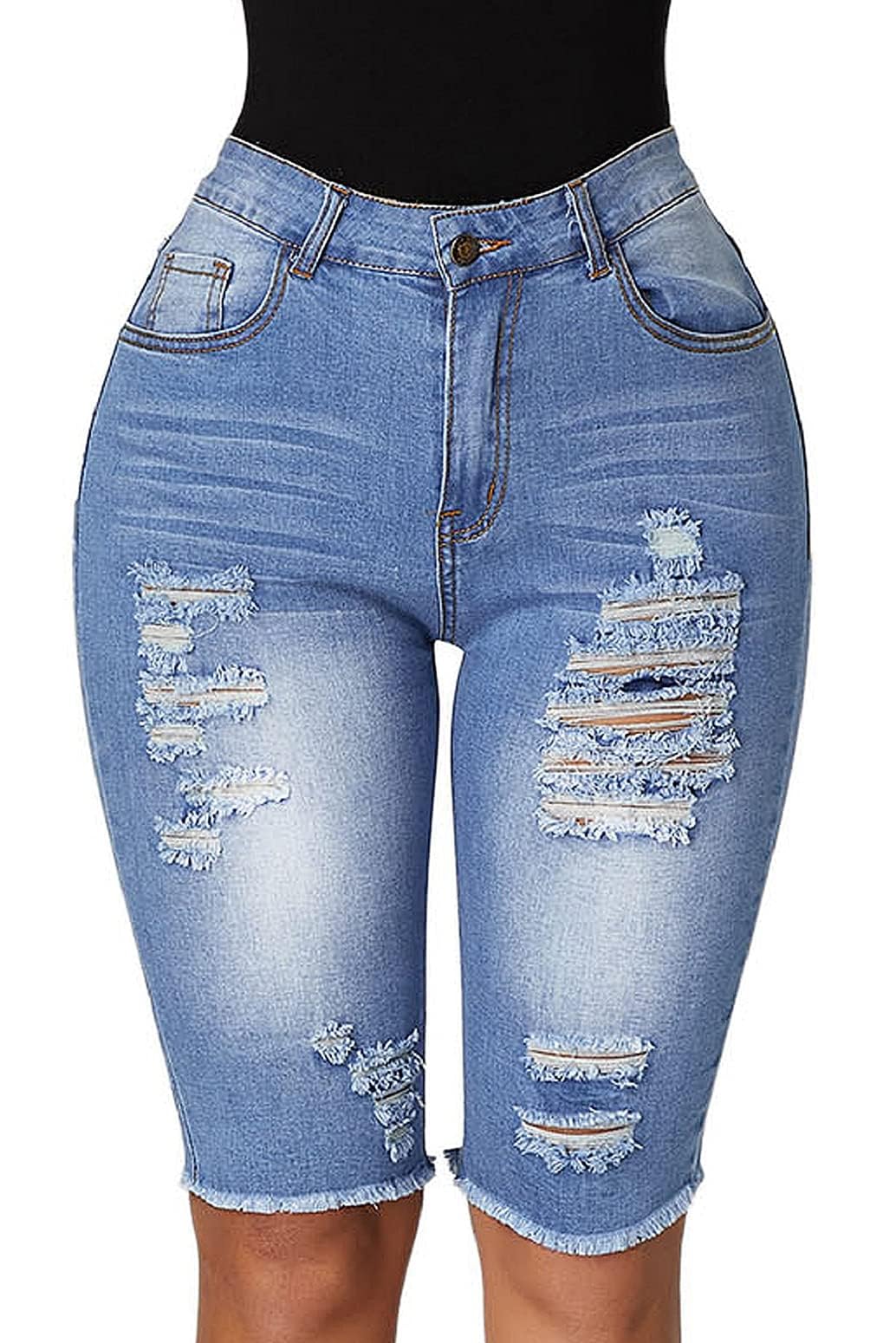 Photo 1 of roswear Womens Ripped Stretchy Long Jean Shorts Mid Rise Frayed Cut Off Bermuda Shorts Blue X-Large