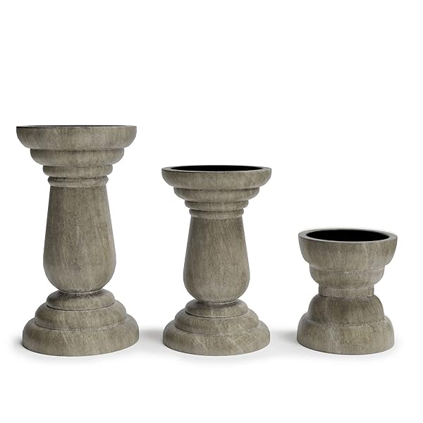 BARNYARD DESIGNS PILLAR CANDLE HOLDERS, TALL WOODEN RUSTIC FARMHOUSE CANDLESTICK HOLDERS FOR TABLE CENTERPIECE, SET OF 3, (4″, 6″, 8″), GREY