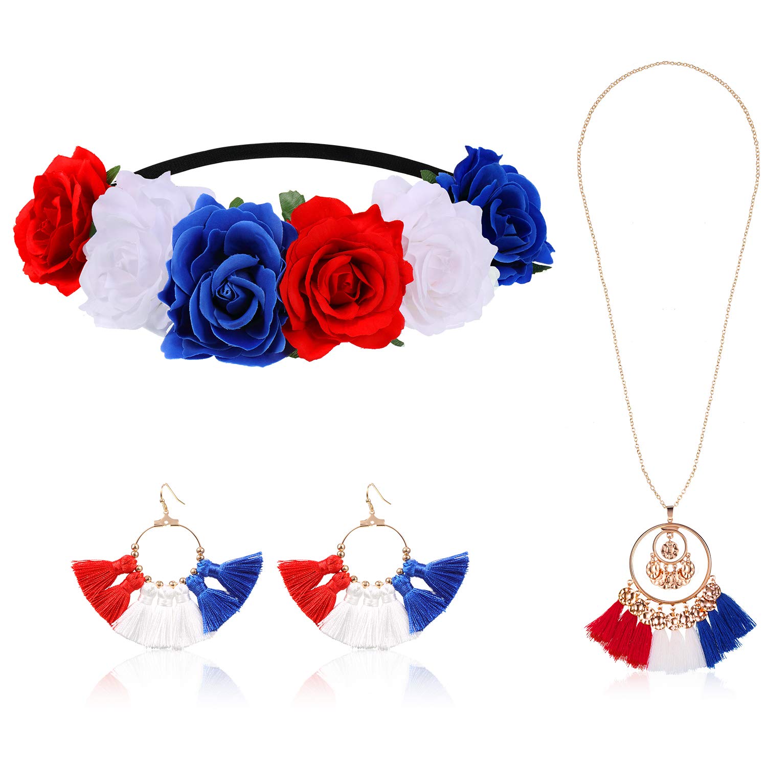 3 Pcs Labor Day Patriotic Boho Flower Headbands Hair Accessories Tassel Earrings Necklace and Red White Blue Headband Independence Day Memorial Day Patriotic Party Favor