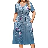 IN'VOLAND Women Plus Size Casual Dress Short Sleeve Vneck Summer Midi Dresses Aline Loose Sundress with Pockets