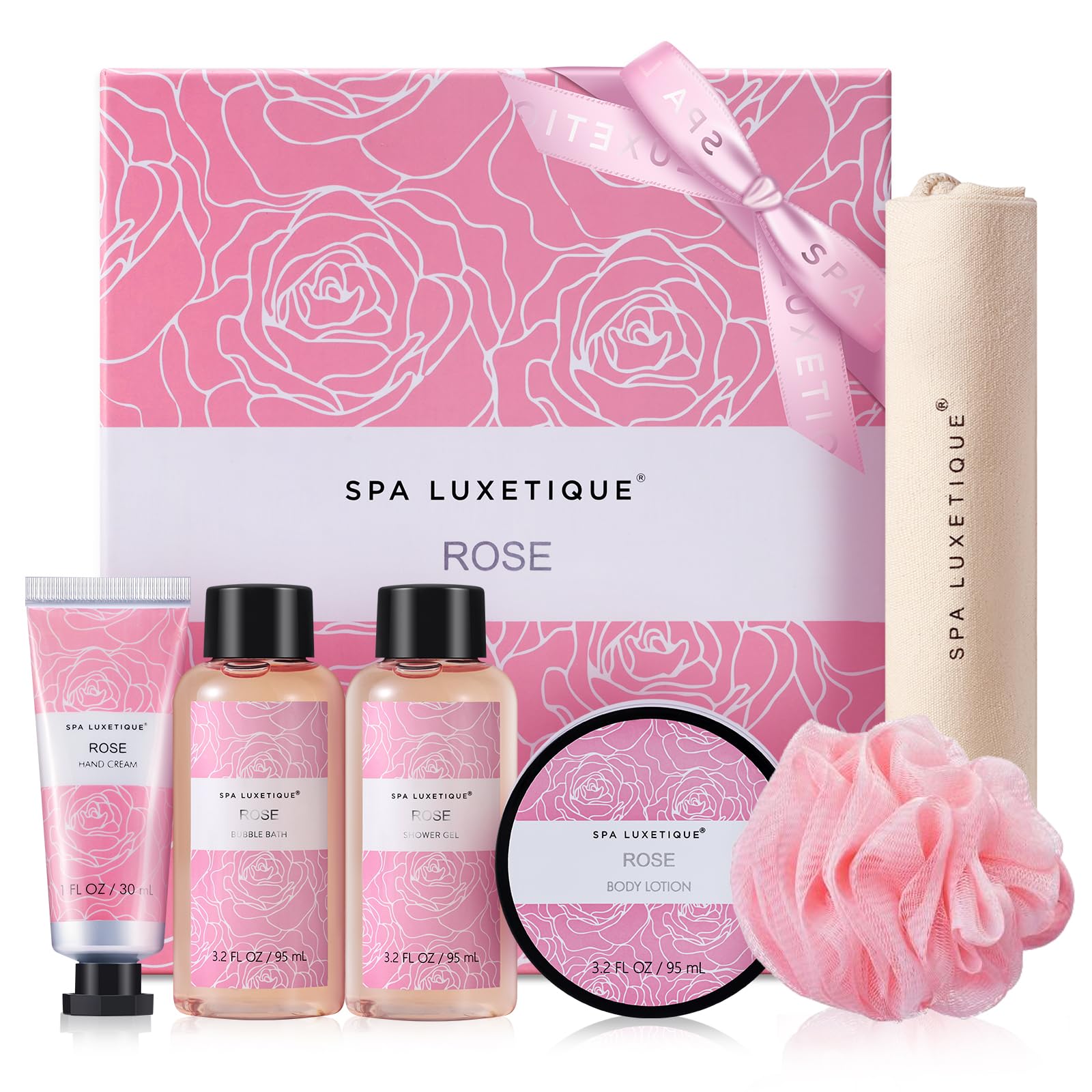 Spa Luxetique Spa Gift Set, Pampering Gifts for women, 6pcs Rose Bath Gift Set, Travel Gift Box with Hand Cream, Body Lotion, Bubble Bath Sets Birthday Valentines Day Mother‘s Day Christmas Gifts