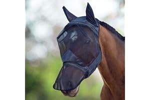 Harrison Howard CareMaster Horse Fly Mask Large Eye Space Long Nose with Ears Full Face Black Medium Cob