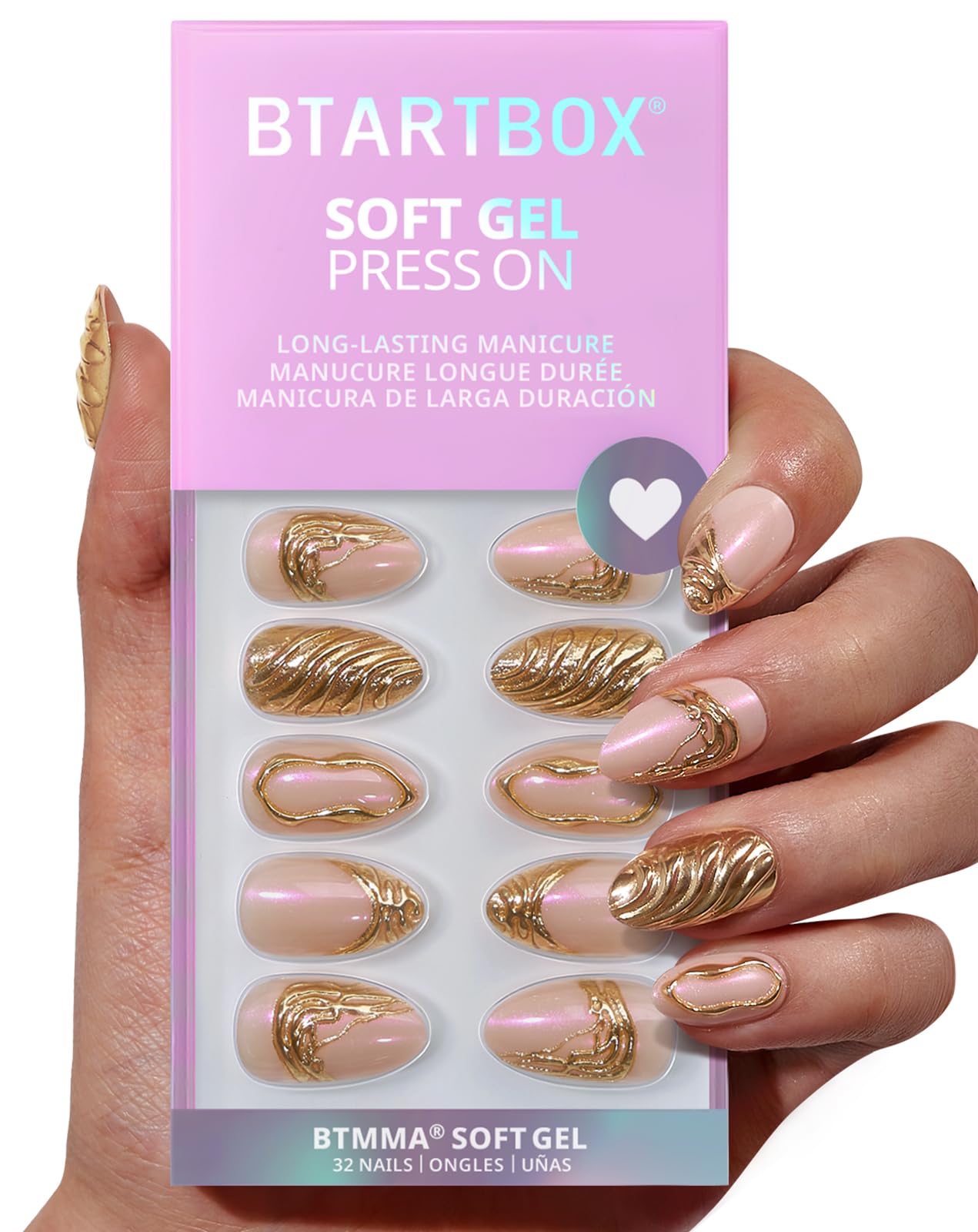 Photo 1 of BTArtbox Press On Nails Short - 3D Gold Sculpting Almond Press On Nails with Glue for Women, Opaque Soft Gel Glue On Nails in 16 Sizes - 32 Stick On Nails Kit, Metalhead