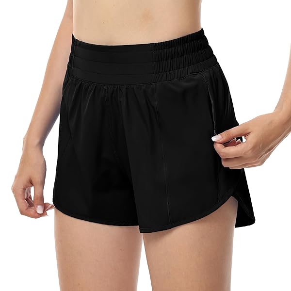 AUREFIN RUNNING SHORTS FOR WOMEN, HIGH WASITED ATHLETIC SHORTS WITH LINER AND ZIP POCKET WOMENS WORKOUT SHORTS 4 INCH BLACK/SMALL