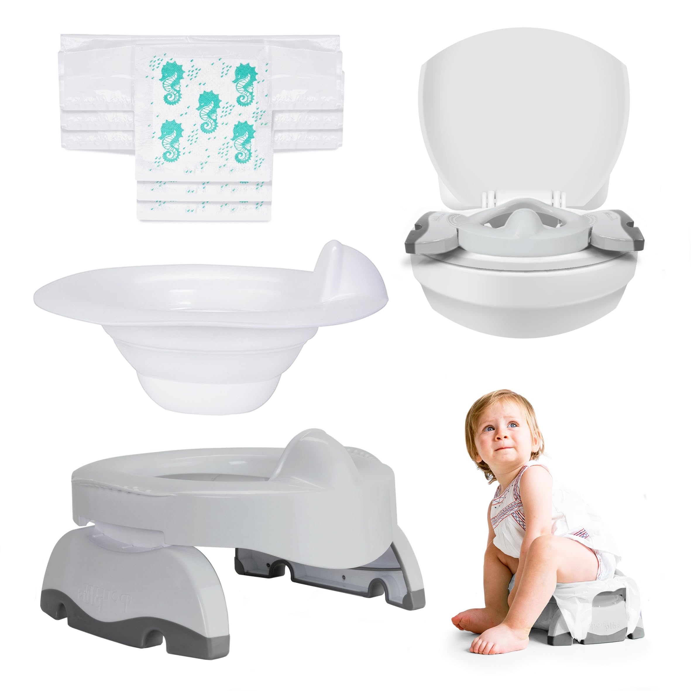 Potette Max 3-in-1 Travel Potty | Award-Winning Compact, Foldable Potty and Toilet Training Seat | Includes x3 Disposable Liners, A Reusable Liner & Carry Bag | Grey