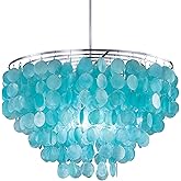 Wellmet Natural Capiz Shell Chandelier, 6 Lights Coastal Modern Blue Capiz Chandelier Pendant Lighting, Hanging Round Layered